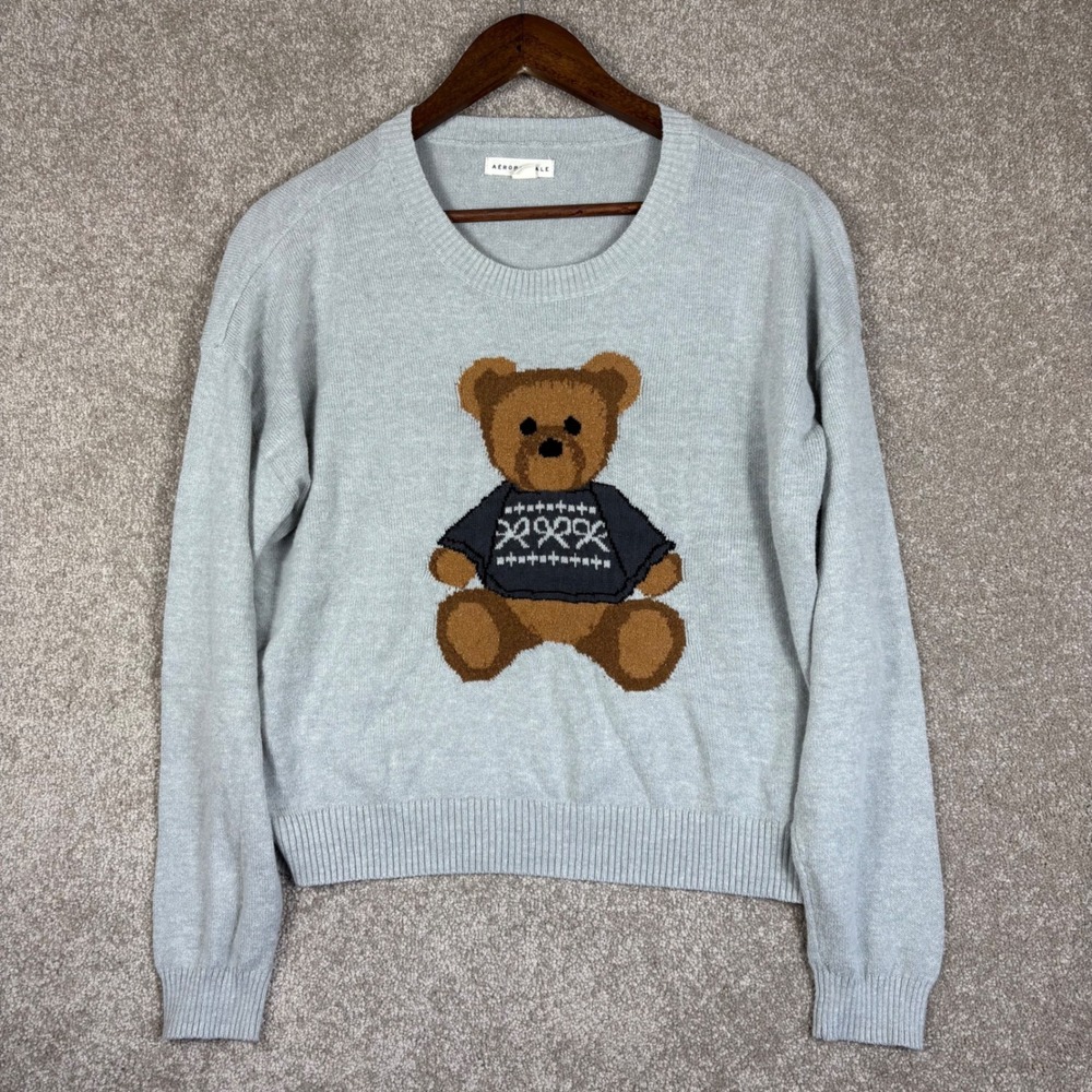 Aeropostale Womens Gray Teddy Bear Graphic Crewneck Sweater Size S